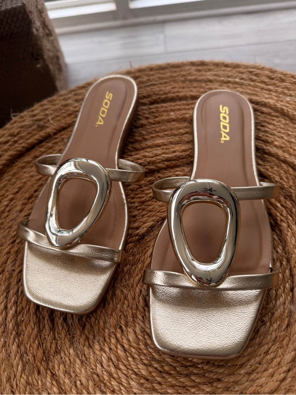 Gold Metallic Slide Sandals with Sculpted Accent - Picture 3 of 7